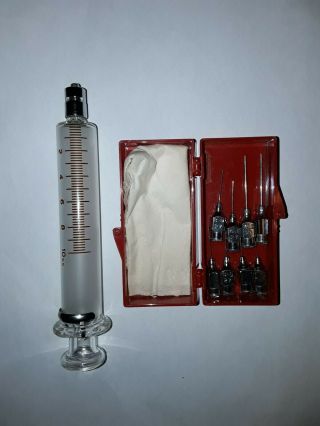 Vintage 10 Cc Hypodermic Syringe With 8 Metal Needles