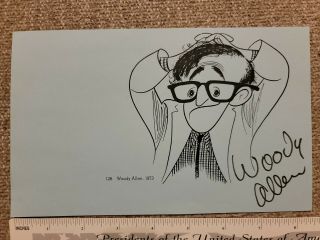 Woody Allen Signed 8 1/2 " X5 1/4 " Character Drawing Autograph 1973