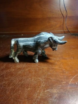 Vintage Grey & White Pulished Marbled Stone Carved Statue Of Bull Ox