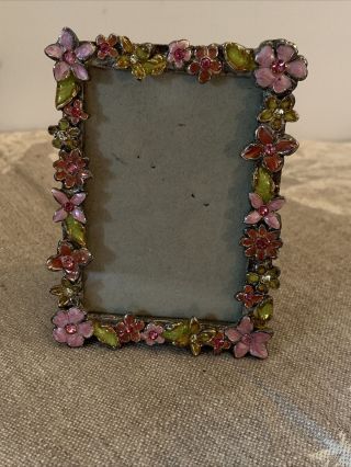 Vintage Picture Photo Frame Metal Enameled With Rhinestones Flowers Bejeweled