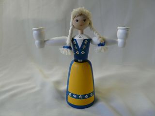 Vintage Sweden Folk Art Wood Hand Carved Girl Candle Holder