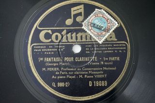 Auguste Perier Georges Marty Fantaisie Pour Clarinette 78rpm Columbia D 19189