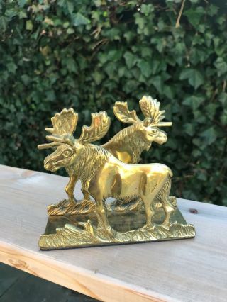 Vintage Brass Double Moose Napkin Letter Holder Membership Award For Lodge