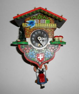 Small 5 " Cuckoo Clock Germany Swiss Cross House Woman On Swing - No Key