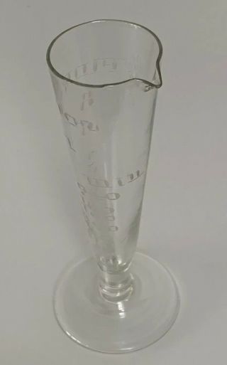 Vintage Antique Etched Apothecaries Glass Measuring Pourer - 2 Fluid Oz - 5”