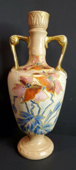 Antique Royal Bonn Swan Handled Bud Vase,  Hand Painted Moriage Floral Design