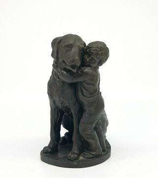 Vintage Bronze Effect Boy With Dog Statue Figurine Art Sculpture Ornament Gift