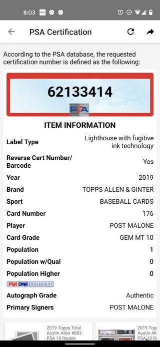 2019 Topps Allen and Ginter Post Malone Auto PSA 10 Pop.  1 2