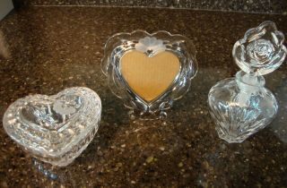 Princess House Crystal Heart Picture Frame,  Perfume Bottle And Heart Trinket Box