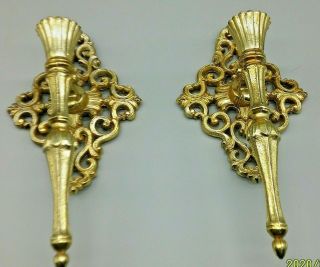 Set Of 2 Vintage Gold Ornate Metal Wall Hanging Sconce Candle Holder (lr)