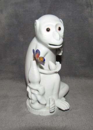 White Porcelain Monkey Figurine / Enamel On Metal Flower In Vase