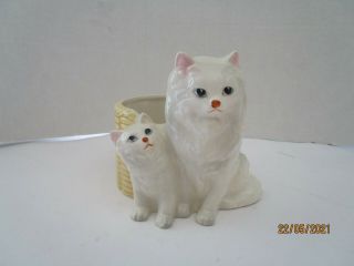 Vintage White Persian Cat Kittens Basket Ceramic Planter Japan