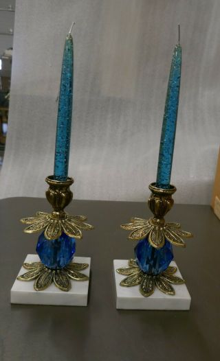 2 Vintage Blue Glass And White Marble Candlesticks W/ Blue Sparkling Candles