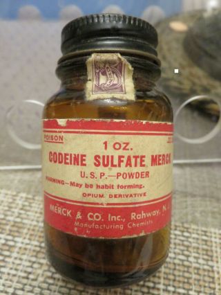 Vintage Merck & Co.  Codeine Sulfate Empty Amber Bottle