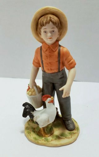 Vintage Homco Bisque Ceramic Figurine 1415,  Boy With Chicken