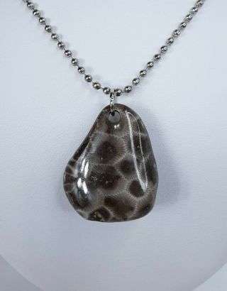 Ancient Michigan Dark Petoskey Stone Fossil Polished Pendant Necklace Ball Chain