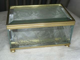Vintage Brass Hinged Beveled Pressed Etched Glass W/ Mirror Trinket Jewelry Box