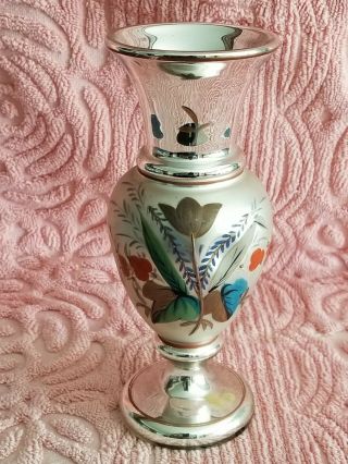 Antique Victorian Silver Mercury Glass Vase Hand Enameled Decoration 1880 