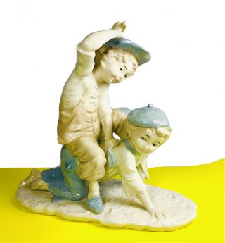Boys Playing Ride Horse Porcelain Figurine Made In Spain Espana Signed Vtg 8”