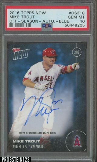 2016 Topps Now Off - Season Blue Mike Trout Signed Auto 40/49 Psa 10
