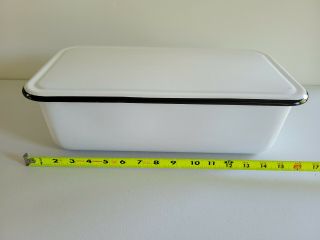 Vintage White With Black Trim Enamel Ware Refridgerator Box With Lid 16 X 8
