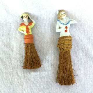 Vintage Half Dolls Japan Broom Brush Hand Painted Bisque Lady Figurines 3 "