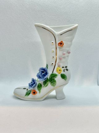 Vintage 3d Flower Porcelain Ladies Button Up Victorian Style Boot Shoe Ceramic