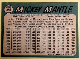 MICKEY MANTLE 1965 TOPPS 350 BASEBALL CARD 2