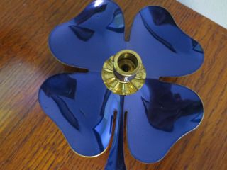 Awesome Vintage Brass And Blue Enamel 4 Leaf Clover Candlestick Candle Holder