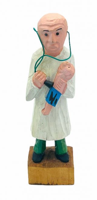 Vintage Wood Carved Ob Doctor With Stethoscope And Baby Figurine Statue