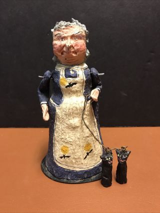 Vintage Poliwoggs Lady In Dress With Bats And Cats Folk Art Figurine