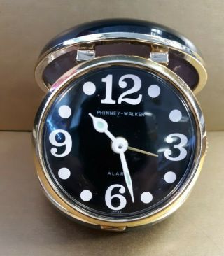 Vintage Round Black Phinney - Walker Wind Up Travel Alarm Clock Japan