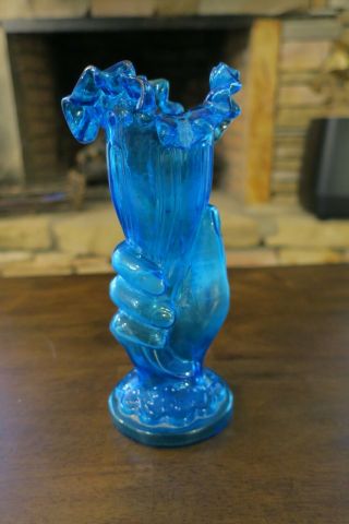 Vintage Art Deco Blue Glass Hand Holding Cornucopia Vase