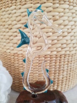 Clear And Blue Art Glass Seahorse On Wood Base - Oceans In Glass Haleiwa Hawaii