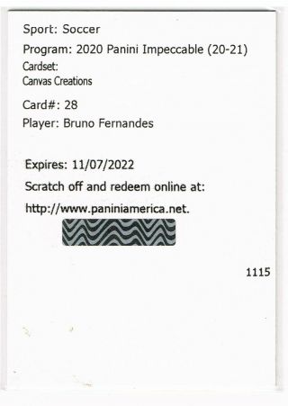 Bruno Fernandes 2020 - 21 Panini Impeccable Canvas Creations Redemption 28
