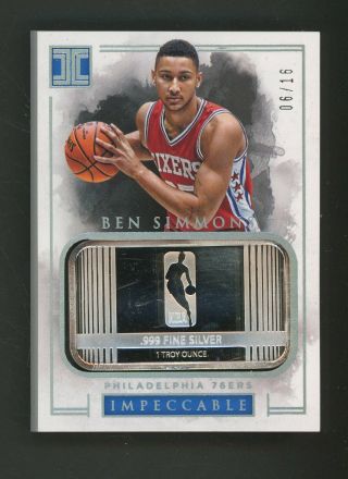 2016 - 17 Panini Impeccable Ben Simmons Rc Rookie.  999 1 Troy Ounce Silver 6/16