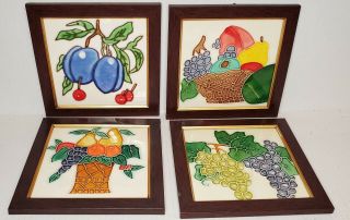 Vintage Framed Fruit & Baskets Ceramic Tiles Trivets Set Of 4 Grapes Plum Pear