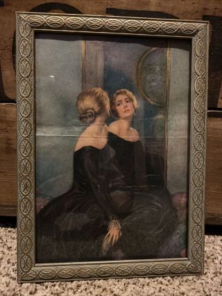 Antique Wood Picture Frame W/ Glass 11 " X 8 " Girl Black Dress Looking In Mirror