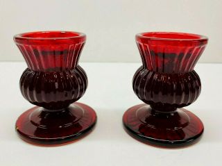 Vintage Set Of 2 Red Glass Colonial Candle Holders 2.  5 " Tall