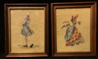 Set Of 2 Vintage Wood Gilded Frame Finished Needlepoint Embroidery Crinoline