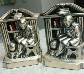 Vintage Bookends Philadelphia Mfg Co.  Silver Scholar Monks Ca.  1950