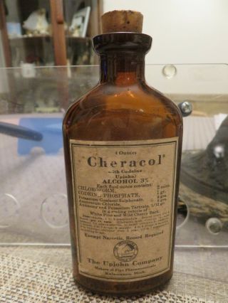 Vintage Corked Cheracol Codeine Phosphate Empty Amber Bottle (upjohn Company)