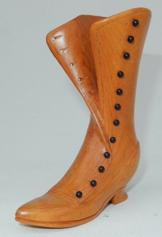 Vintage Miniature Fine Hand Carved Wooden Victorian Boot Signed & Dated 10 - 88