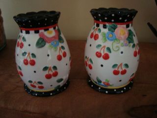 2 Mary Engelbreit " Oh So Breit " Votive Tapered Candle Holders Cherries Flowers