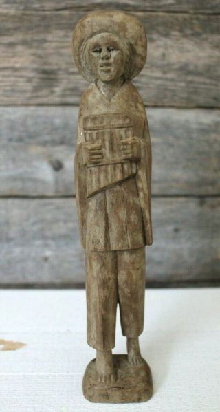 Vintage Primitive Folk Art Man Figure Hand Carved Wood Made In Equador Decor 8”