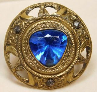 Antique Vtg Button Large Pierced Brass Blue Glass Jewel W Cut Steels