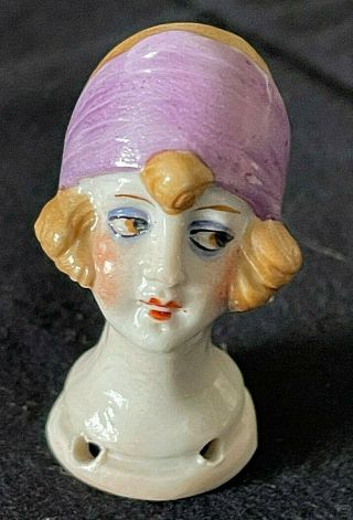 Antique German Porcelain Half Doll Pretty Flapper Blonde Head Pin Cushion