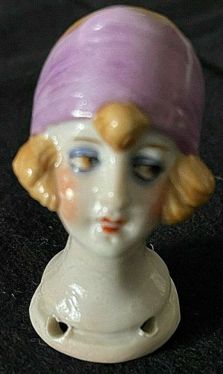 Antique German Porcelain Half Doll Pretty Flapper Blonde Head Pin Cushion 2