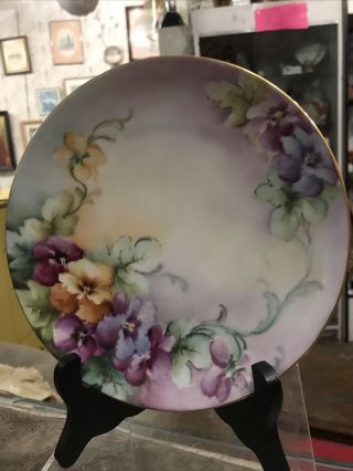 Vintage Antique Handpainted Floral Flower Purple Pansies Plate Size 8”