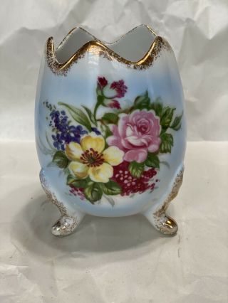 Vintage Norleans Blue Egg Vase 1950s Flowers (seb321)